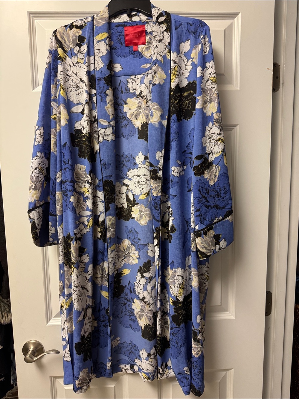 Jennifer Lopez Blue Floral Open-Front Cape Kimono with Pockets - Size L